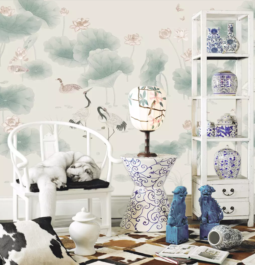 3D Hazy Lotus Leaf Crane 1319 Wallpaper AJ Wallpaper 2