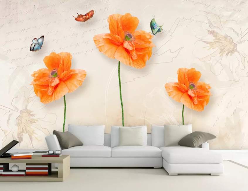 3D Orange Flower Butterfly 1308 Wallpaper AJ Wallpaper 2