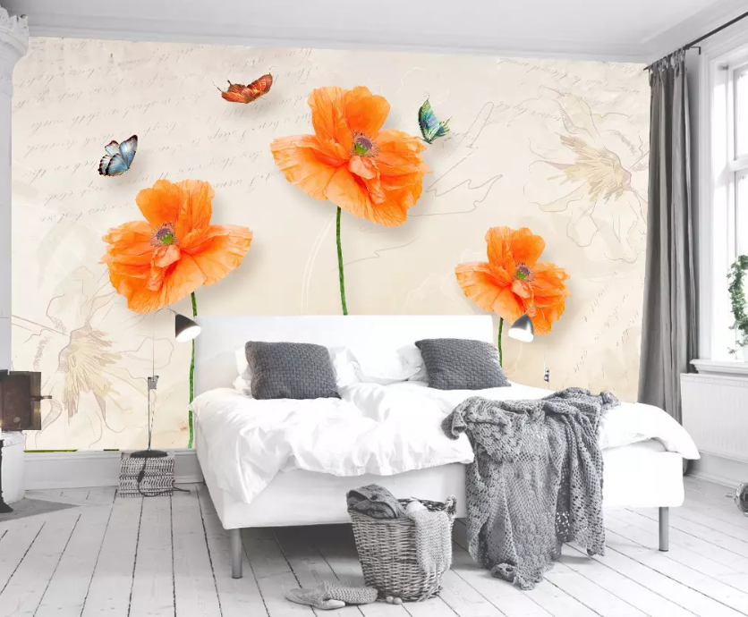 3D Orange Flower Butterfly 1308 Wallpaper AJ Wallpaper 2