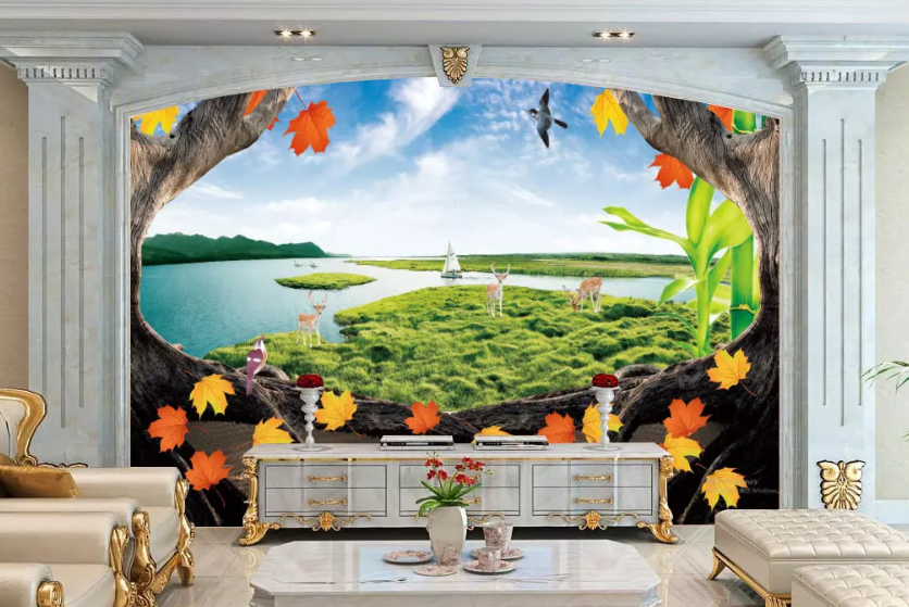 3D Tree Hole Lawn Deer 1170 Wallpaper AJ Wallpaper 2