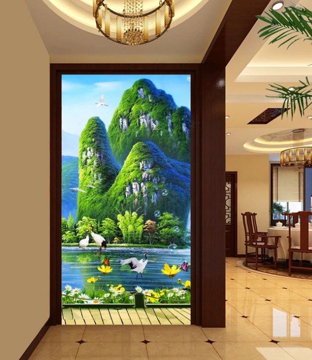 3D Mountain Forest Crane Bubble 1639 Wallpaper AJ Wallpaper