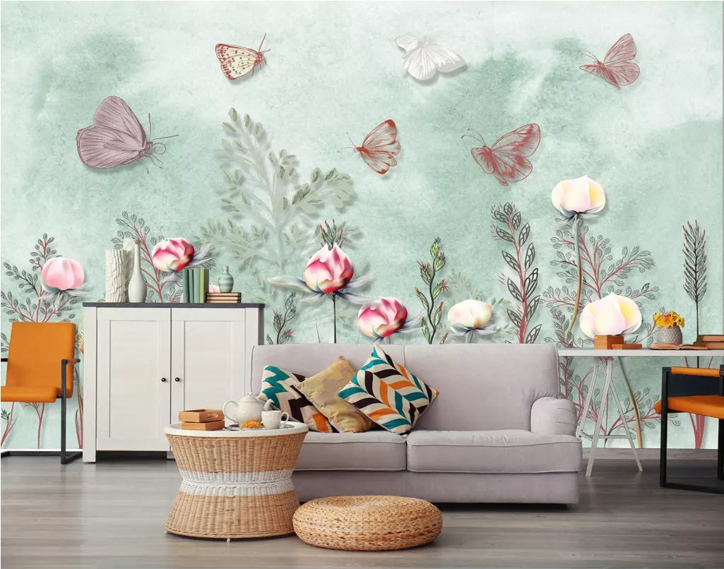 3D Flower Butterfly WC01 Wall Murals Wallpaper AJ Wallpaper 2