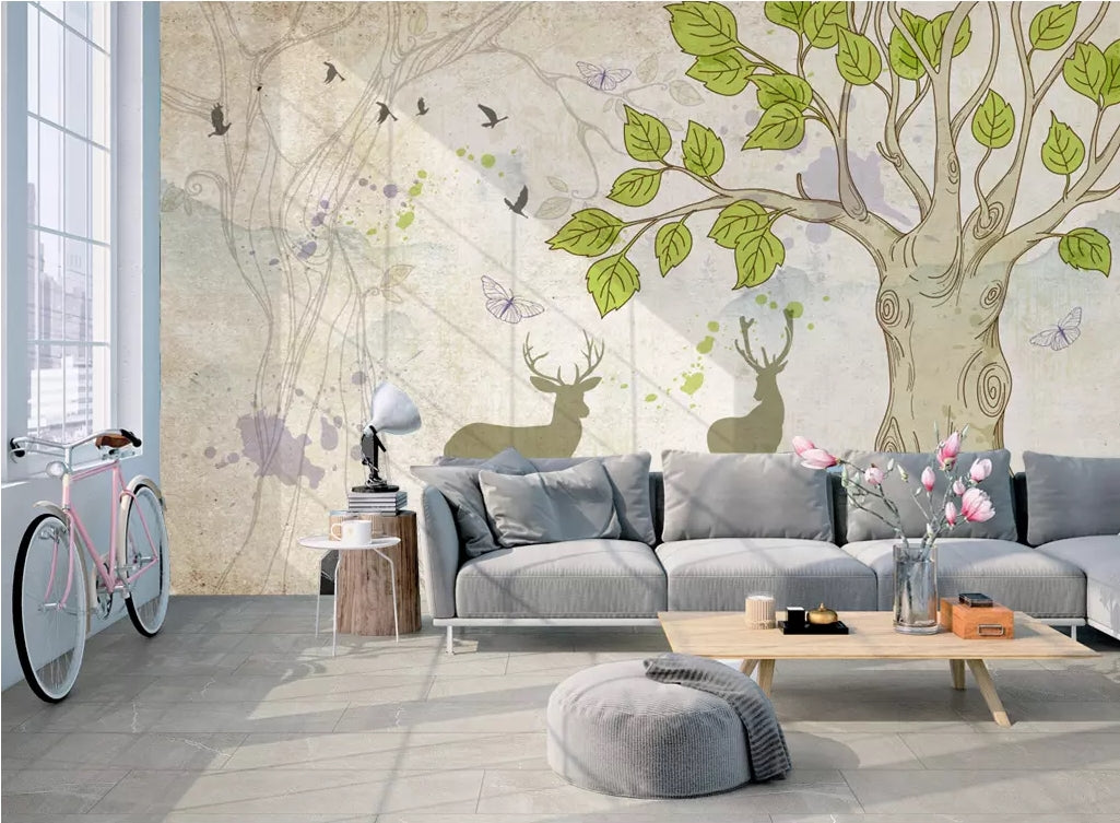 3D Fawn Green Leaf WC17 Wall Murals Wallpaper AJ Wallpaper 2