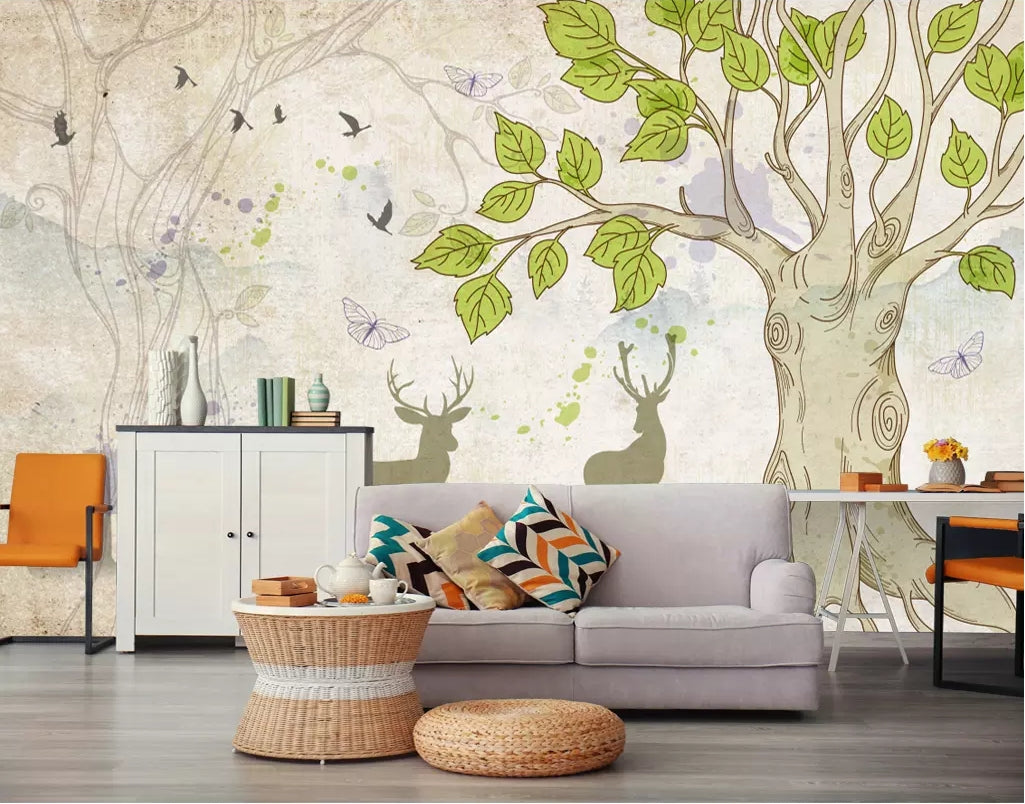 3D Fawn Green Leaf WC17 Wall Murals Wallpaper AJ Wallpaper 2