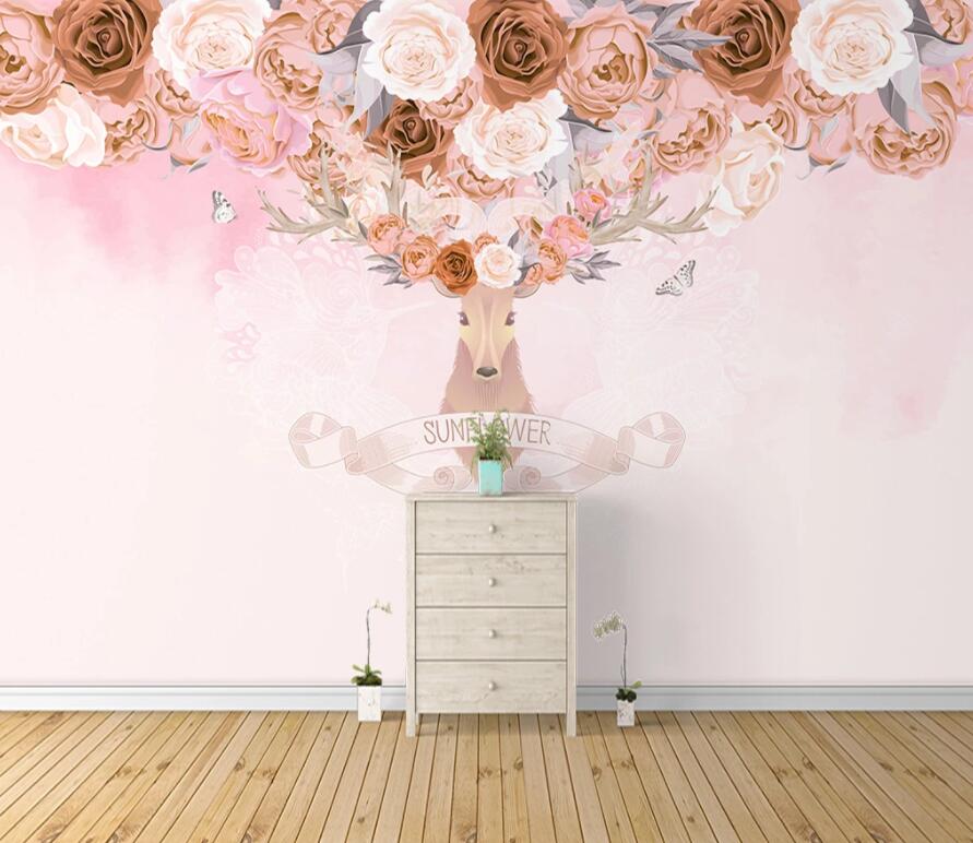 3D Deer Red Rose WG1169 Wall Murals
