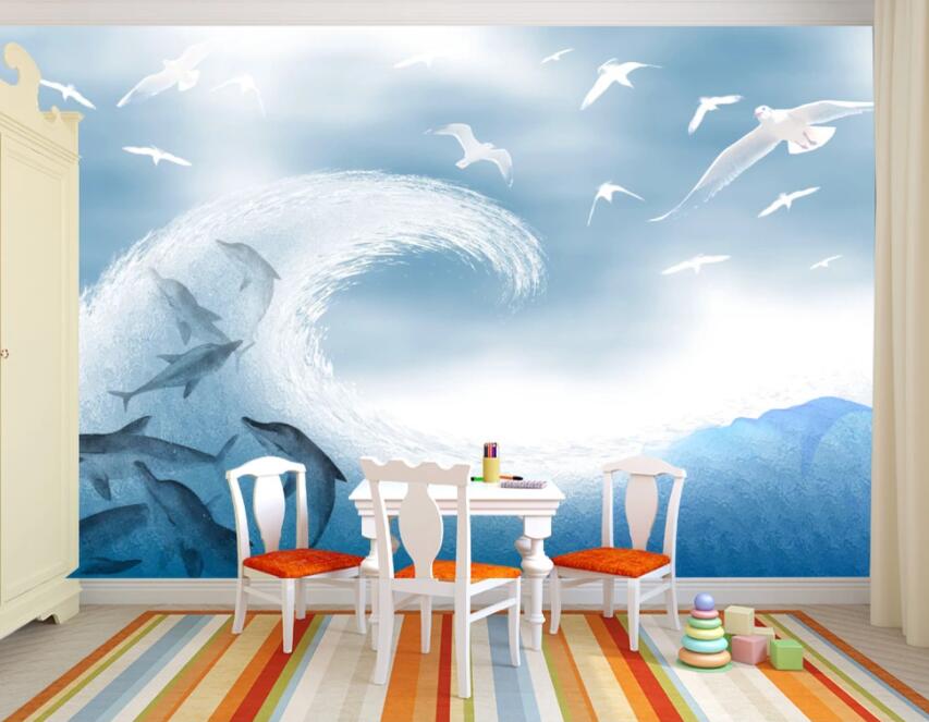 3D Wave Dolphin 532 Wall Murals Wallpaper AJ Wallpaper 2