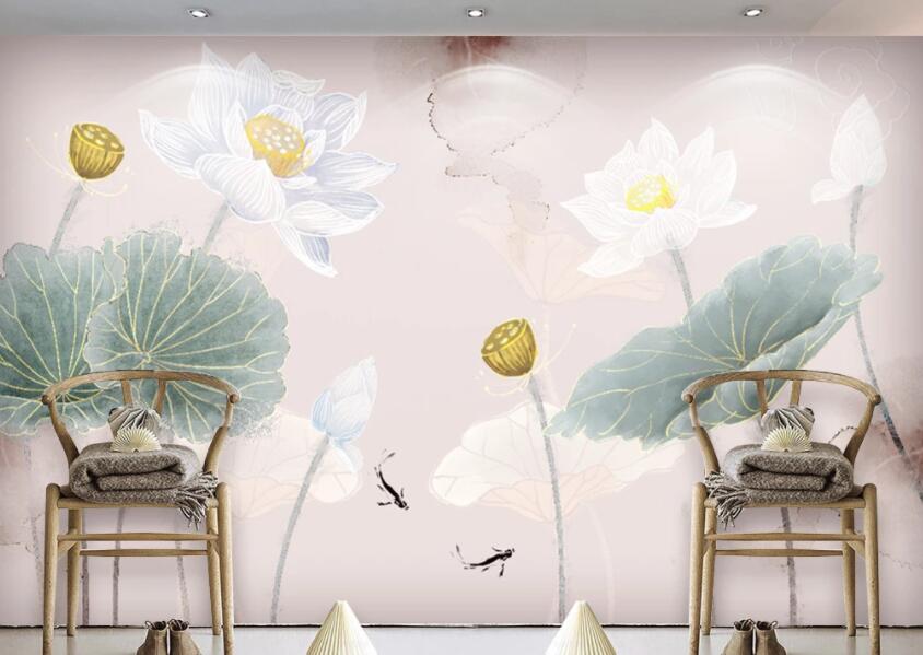 3D Lotus Goldfish 627 Wall Murals Wallpaper AJ Wallpaper 2