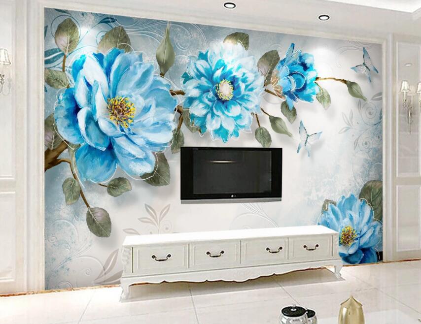 3D Blue Flowers 524 Wall Murals Wallpaper AJ Wallpaper 2