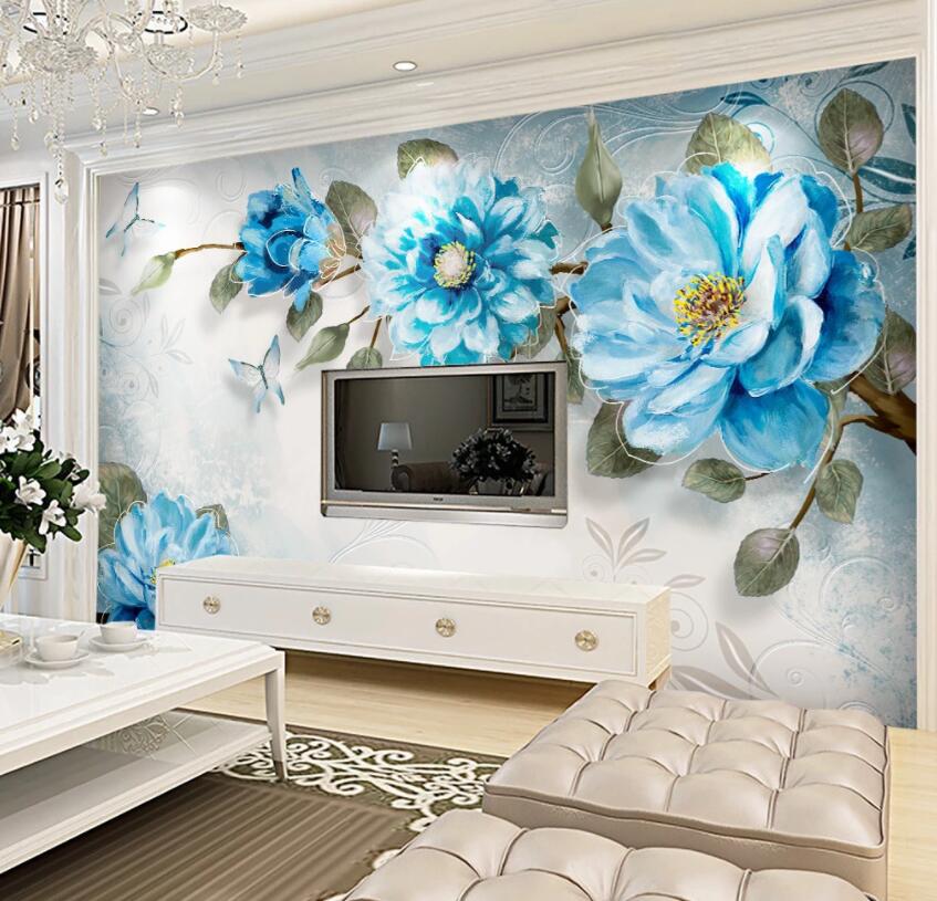 3D Blue Flowers 524 Wall Murals Wallpaper AJ Wallpaper 2