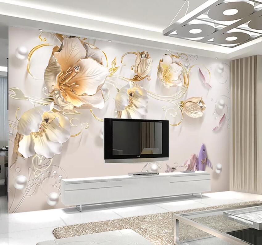 3D Golden Flowers 480 Wall Murals Wallpaper AJ Wallpaper 2