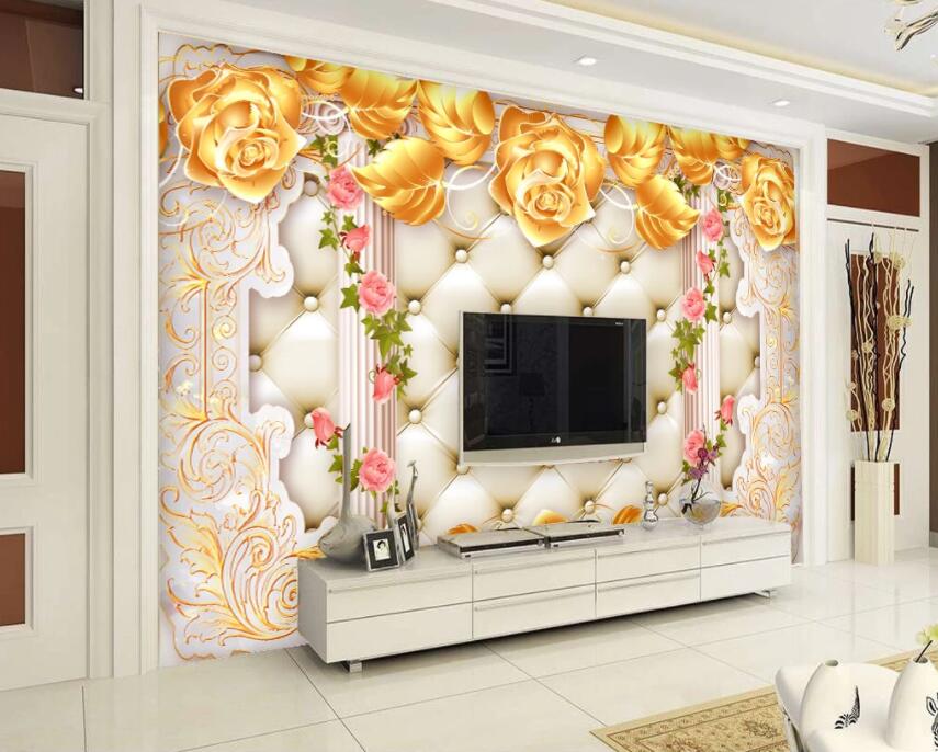 3D Golden Flowers 055 Wall Murals Wallpaper AJ Wallpaper 2