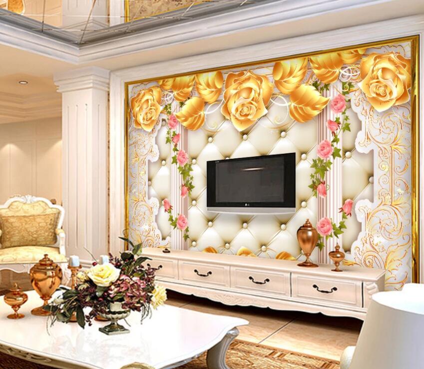3D Golden Flowers 055 Wall Murals Wallpaper AJ Wallpaper 2