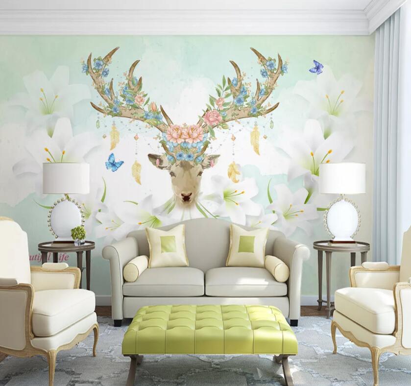 3D Flower Deer Head 642 Wall Murals Wallpaper AJ Wallpaper 2