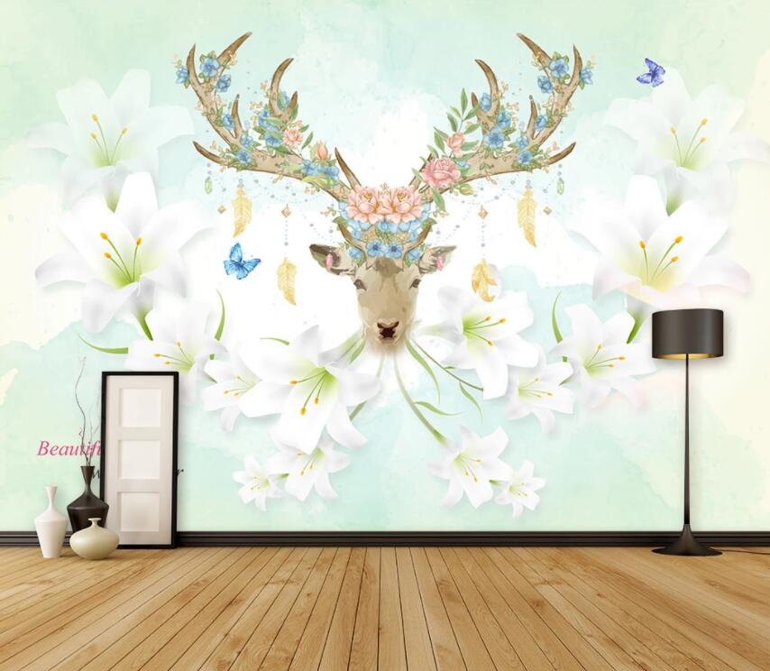 3D Flower Deer Head 642 Wall Murals Wallpaper AJ Wallpaper 2