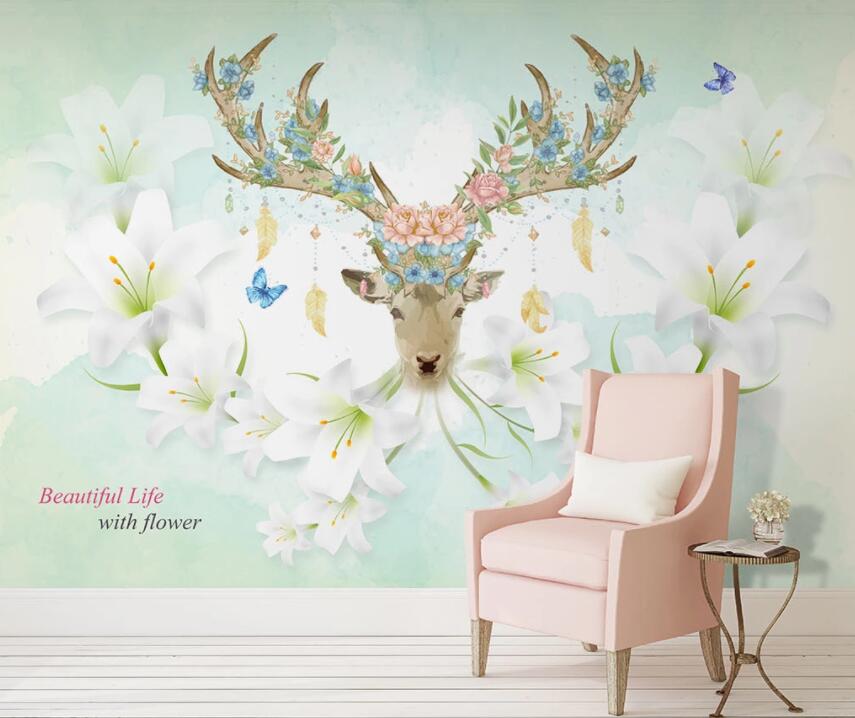 3D Flower Deer Head 642 Wall Murals Wallpaper AJ Wallpaper 2