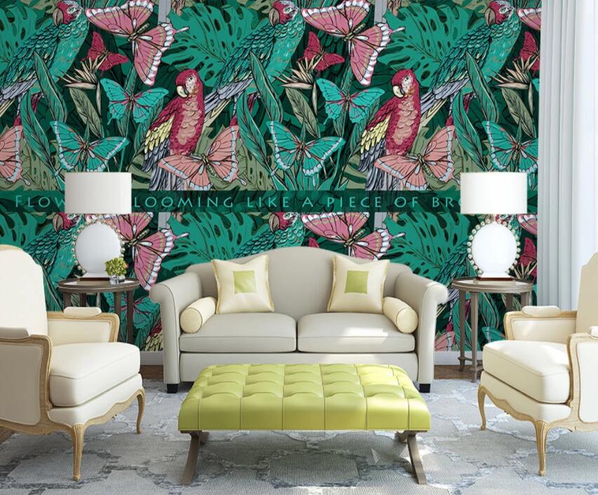 3D Butterfly Green Leaf 605 Wall Murals Wallpaper AJ Wallpaper 2