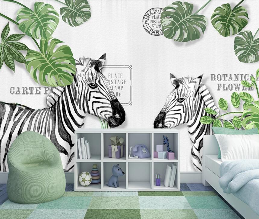 3D Zebra Green Leaf 469 Wall Murals Wallpaper AJ Wallpaper 2