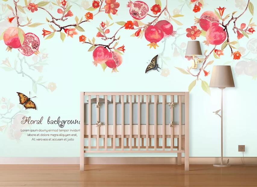 3D Pomegranate Butterfly 470 Wall Murals Wallpaper AJ Wallpaper 2