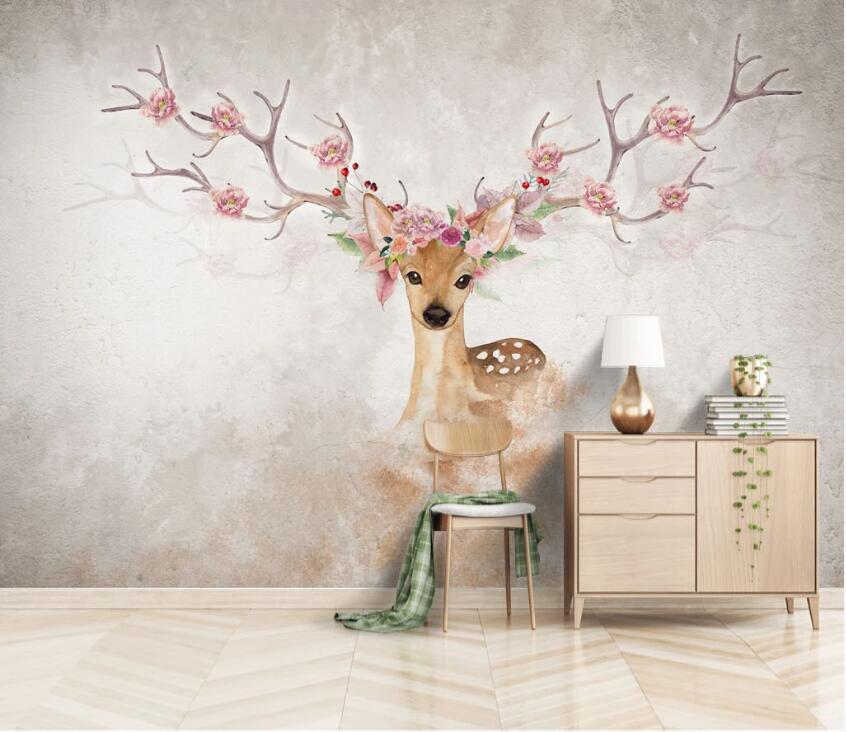3D Elk Flowers WC77 Wall Murals Wallpaper AJ Wallpaper 2