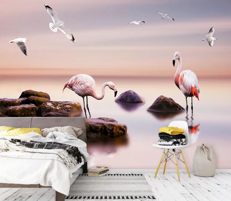 3D Flamingo Lake WC11 Wall Murals Wallpaper AJ Wallpaper 2