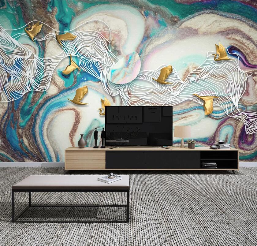 3D Gold Crane WC2323 Wall Murals