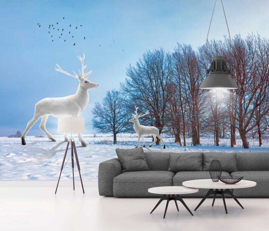 3D White Deer Bird WC1628 Wall Murals