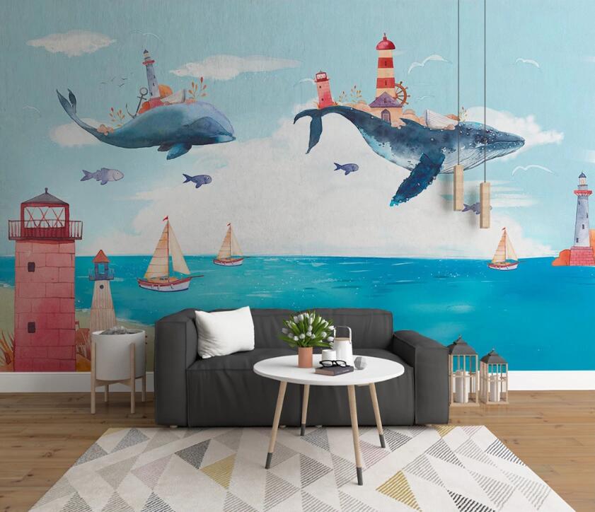 3D Lighthouse Whale WC1612 Wall Murals