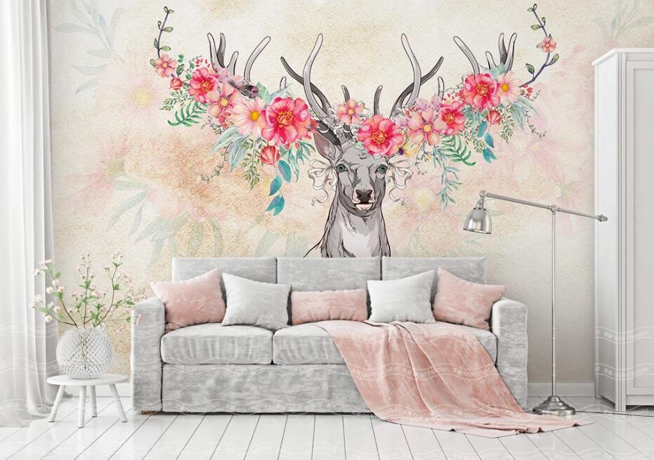 3D Elk Flowers WC35 Wall Murals Wallpaper AJ Wallpaper 2