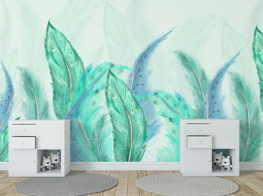 3D Green Feather WC1454 Wall Murals