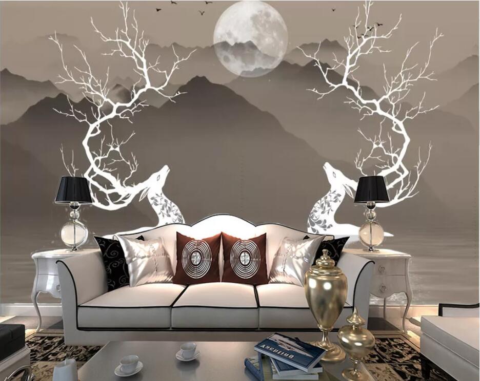 3D Lake Moon Deer WC1419 Wall Murals