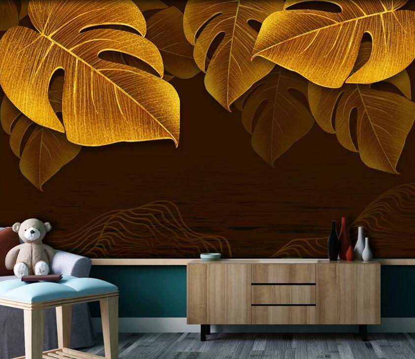 3D Golden Leaves WC11 Wall Murals Wallpaper AJ Wallpaper 2