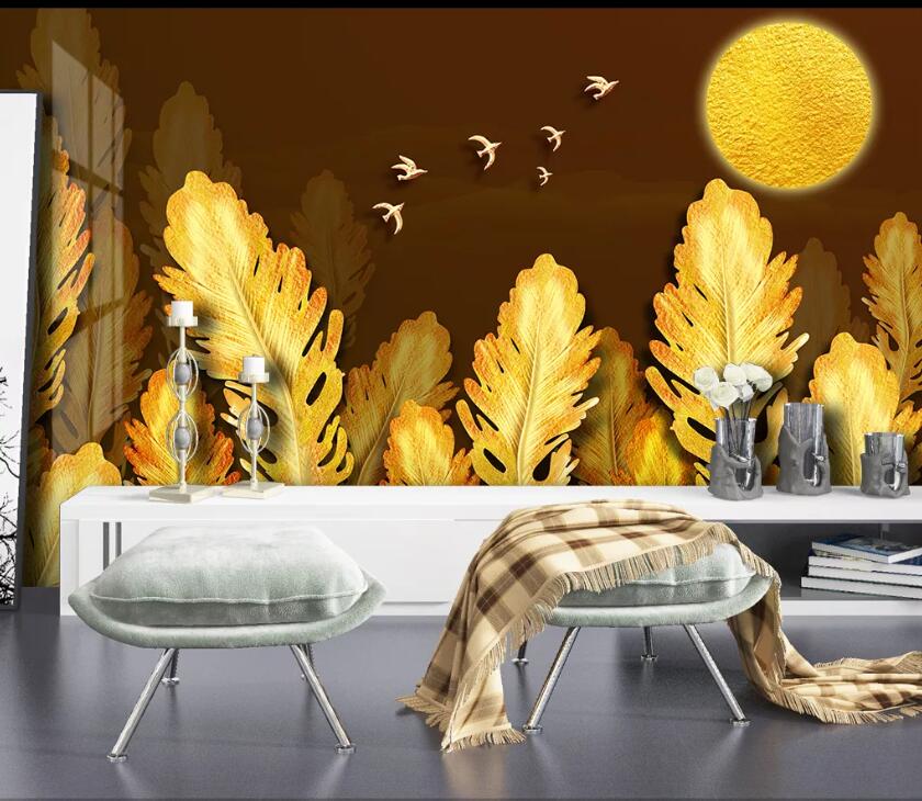 3D Golden Leaves WC47 Wall Murals Wallpaper AJ Wallpaper 2