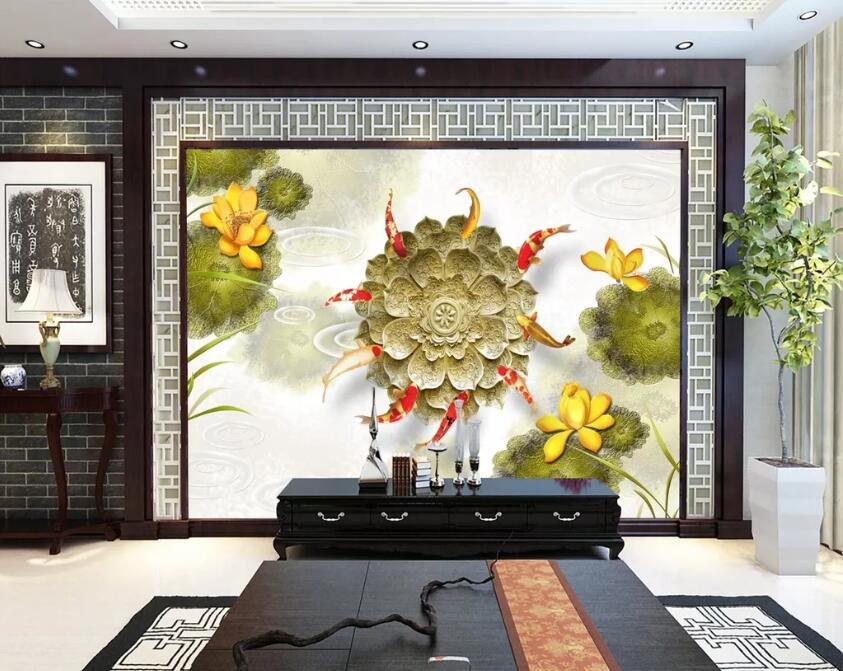 3D Goldfish Lotus WC56 Wall Murals Wallpaper AJ Wallpaper 2