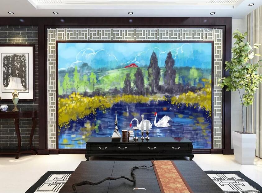 3D Swan Forest WC51 Wall Murals Wallpaper AJ Wallpaper 2