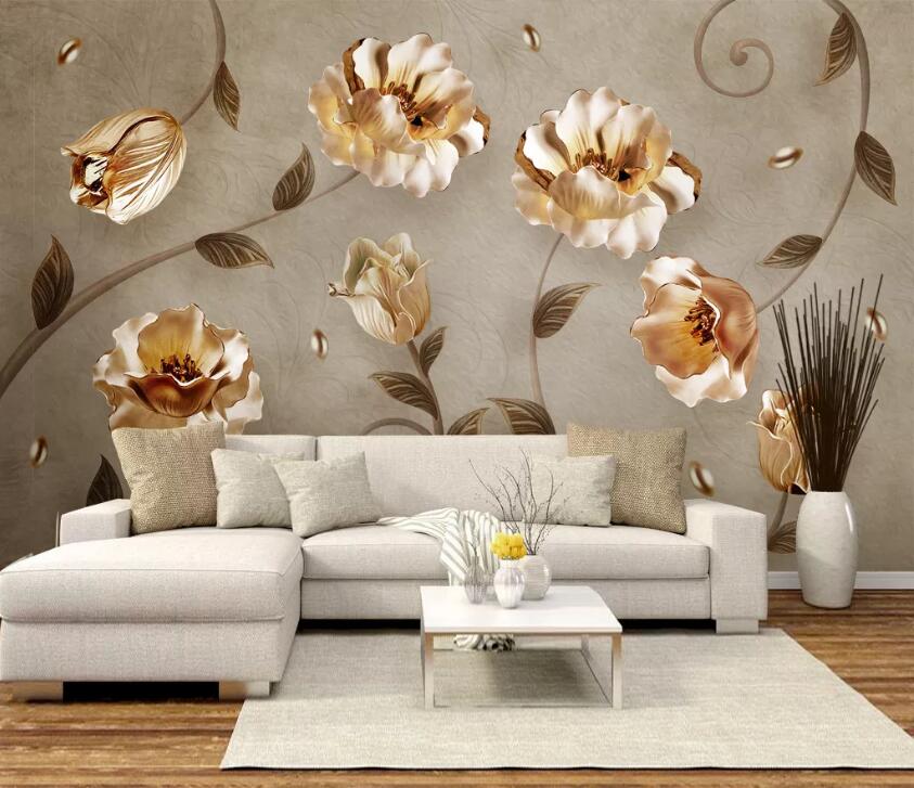 3D Golden Flowers WC48 Wall Murals Wallpaper AJ Wallpaper 2