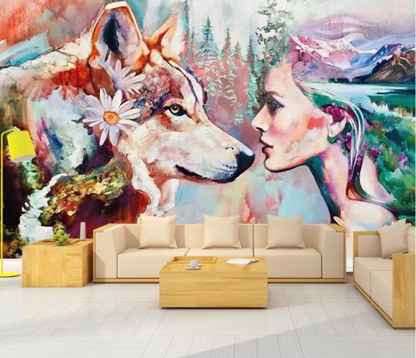3D Dog And Beauty WC32 Wall Murals Wallpaper AJ Wallpaper 2