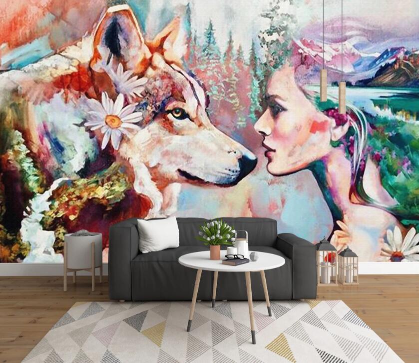 3D Dog And Beauty WC32 Wall Murals Wallpaper AJ Wallpaper 2