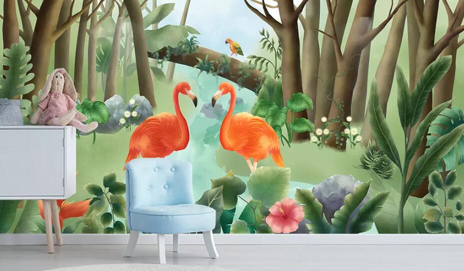 3D Flamingo Forest WC95 Wall Murals Wallpaper AJ Wallpaper 2