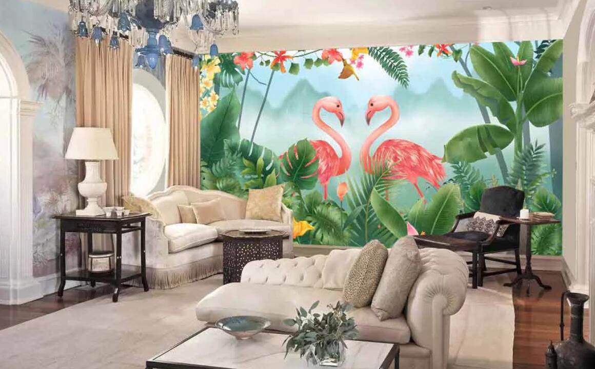 3D Flamingo Leaves WC10 Wall Murals Wallpaper AJ Wallpaper 2