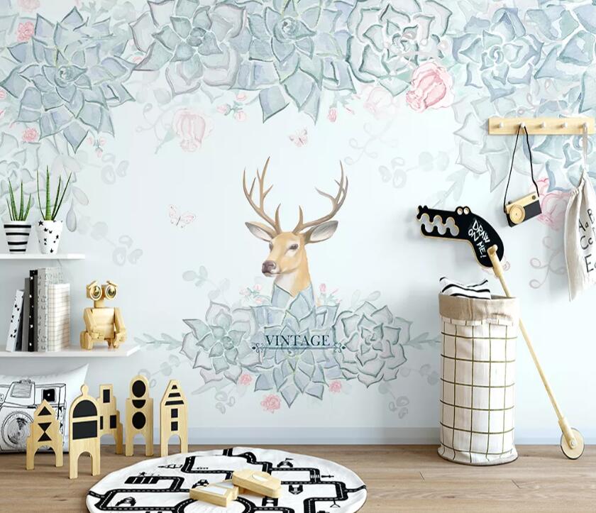 3D Red Rose Deer WC2227 Wall Murals
