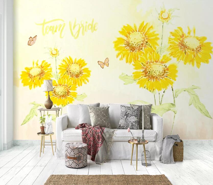 3D Sunflower Butterfly WC87 Wall Murals Wallpaper AJ Wallpaper 2