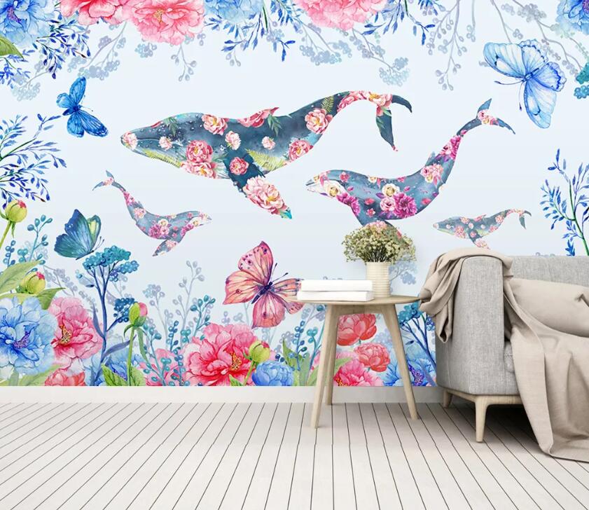 3D Flower Whale WC11 Wall Murals Wallpaper AJ Wallpaper 2