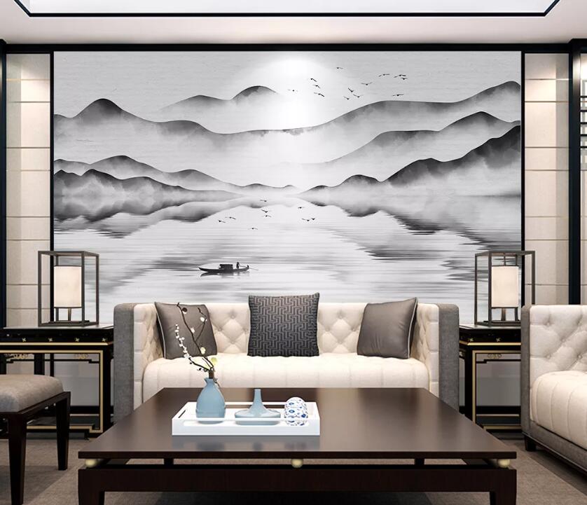 3D Mountain Boat WC38 Wall Murals Wallpaper AJ Wallpaper 2