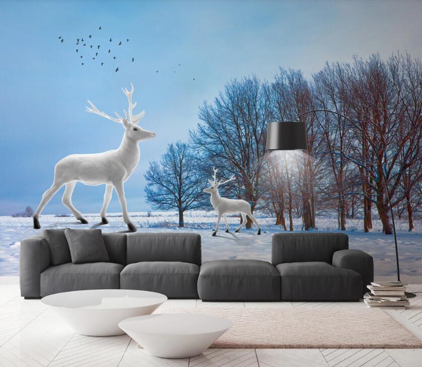 3D White Deer Bird WC1628 Wall Murals