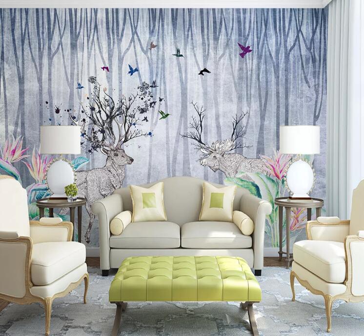 3D Forest Bird Deer WC1577 Wall Murals