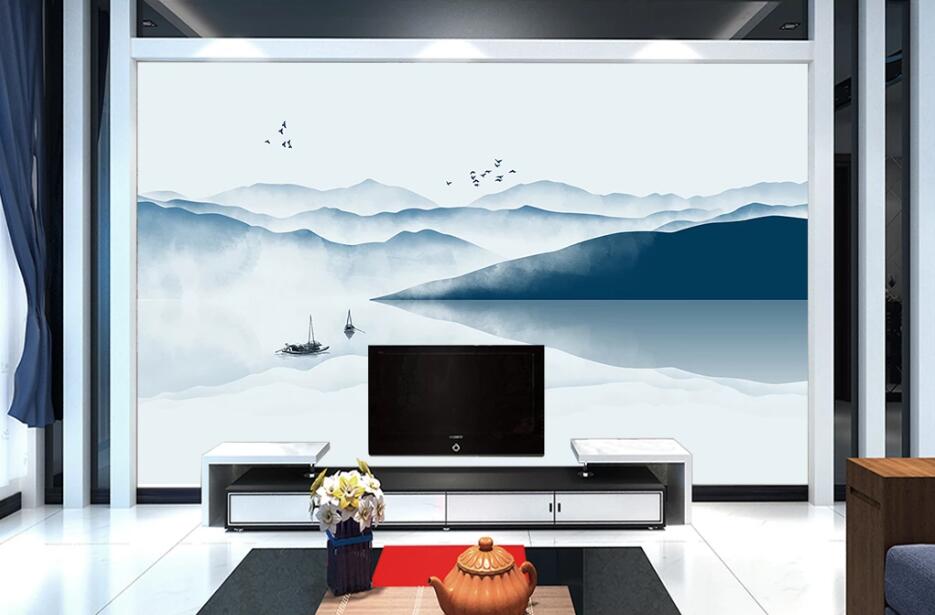 3D Mountain Boat WC25 Wall Murals Wallpaper AJ Wallpaper 2