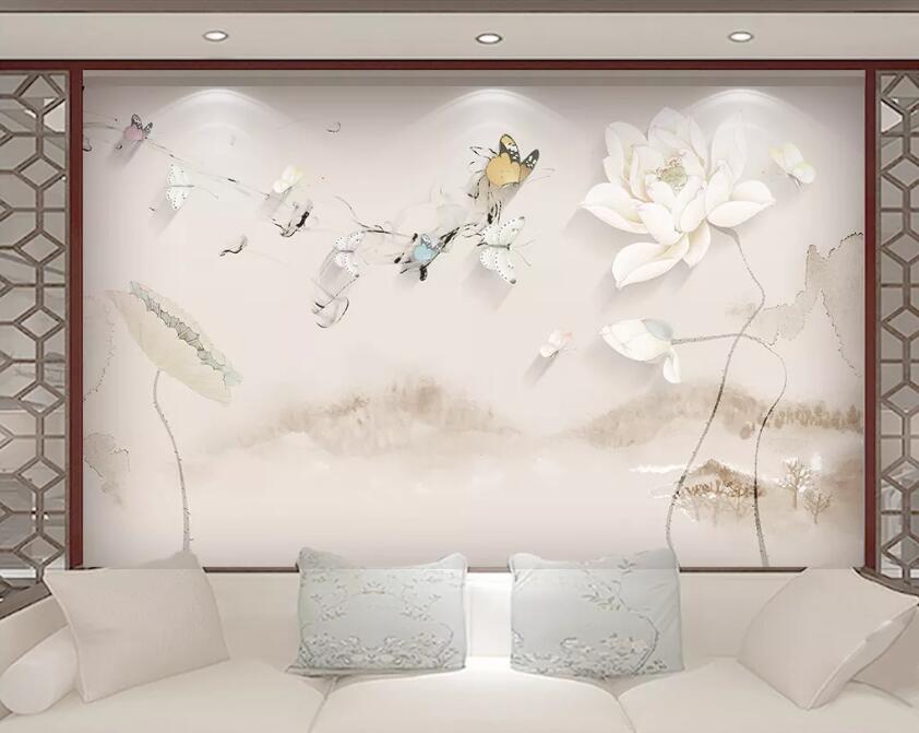 3D Lotus Butterfly WC87 Wall Murals Wallpaper AJ Wallpaper 2