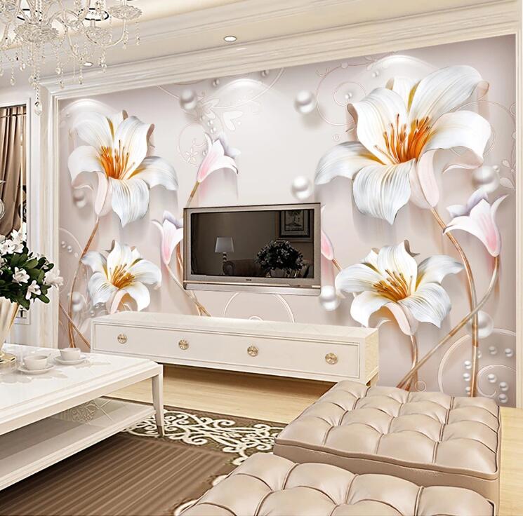3D White Flowers WC45 Wall Murals Wallpaper AJ Wallpaper 2