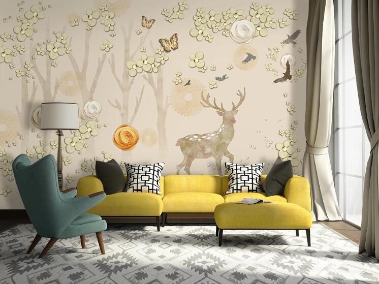 3D Deer Butterfly WC1420 Wall Murals