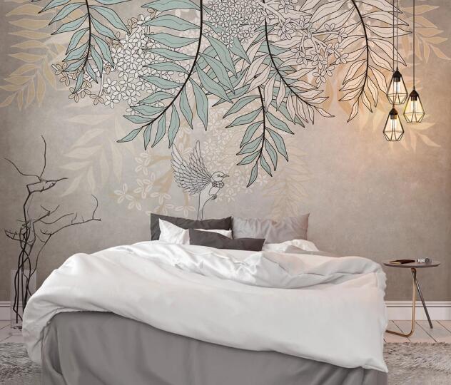 3D White Bird Leaf WC2425 Wall Murals